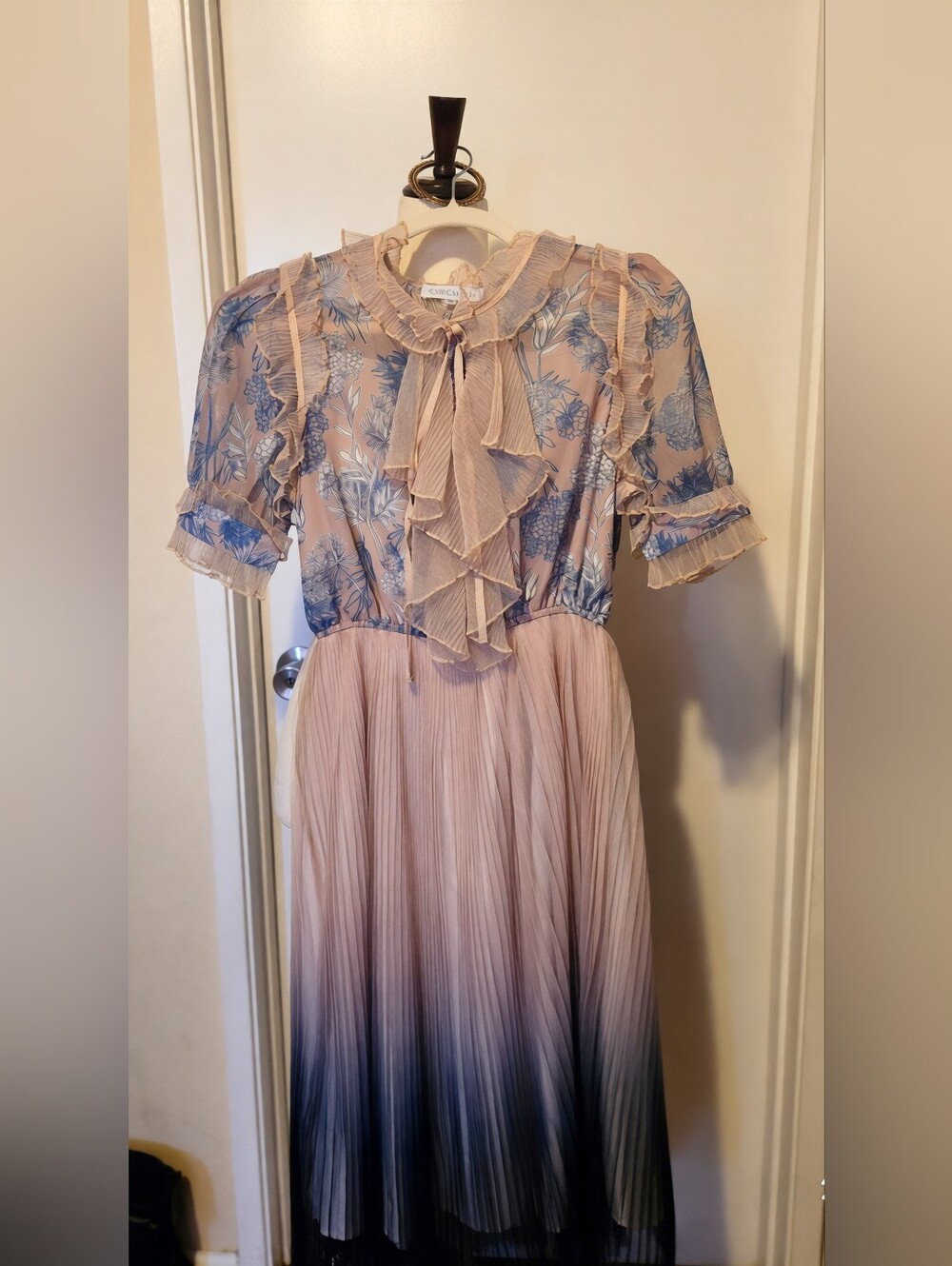 Chicwish Blush & Blue Floral Ruffle Midi Dress